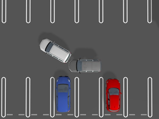 車庫入れ右にハンドルを全開に切り頭を斜めに出すイラスト